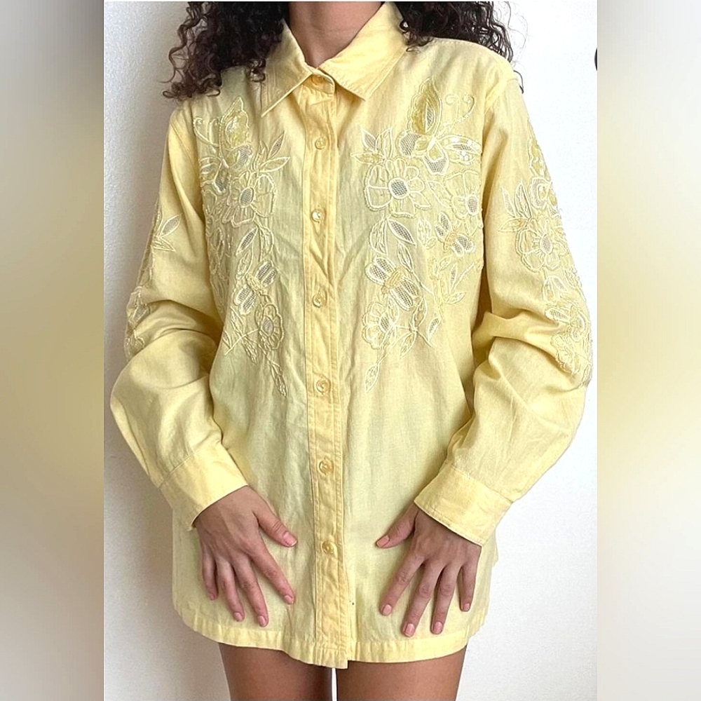 Vtg Quaker Factory Embellished Floral Button-Up Top Fall Gift Retro Spring Work